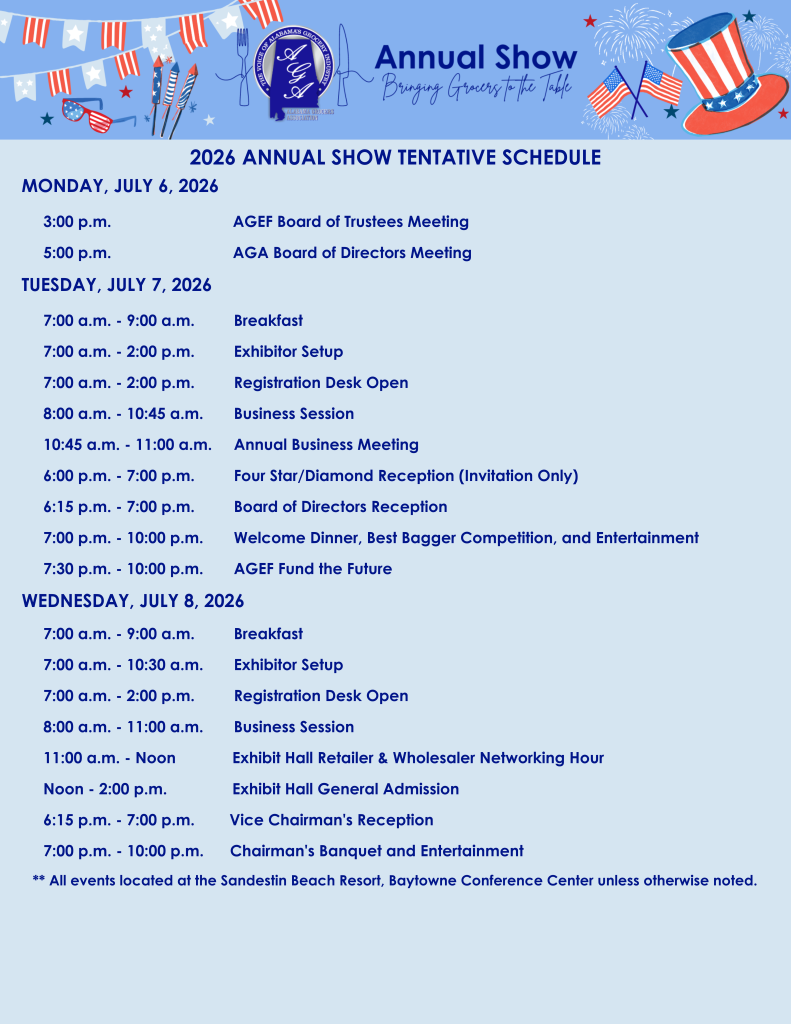 Annual show tentative schedule, July 2026.